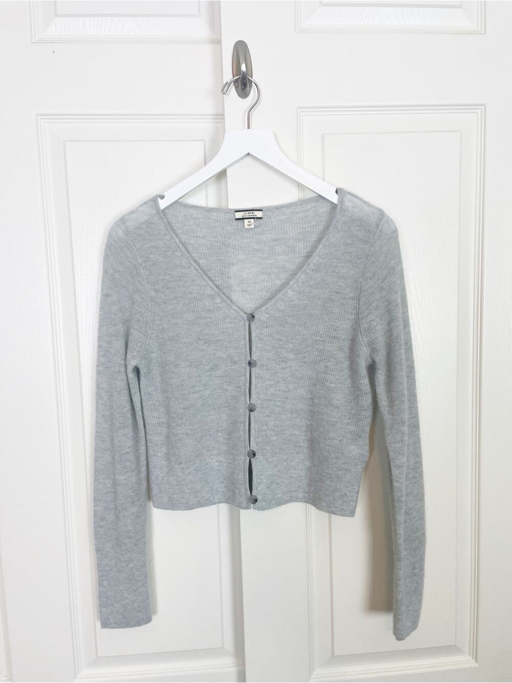 J. Crew Featherweight Cashmere Cropped Cardigan Light Gray Sweater NWOT Sz M
